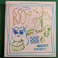 bear wearing boshi's pointy sunglasses playing a snare drum
hands holds a playstation style controller with eyes on the analog stick socket, the controller is playing a slide whistle
there's a chess board

the poster says
BSO (the o has a smiley face in it)
boshis
spontaneous
orchestra
sunday
may 3rd
2-5 pm

n0065
w3lc0m3