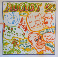 poster for the event, text says "
August 2 
2pm-5pm
It's good for your health!
1002 Metropolitan Ave
Open Music Jam
Mmm... Music...
@boshi's"
there's a drawing of homer from the simpsons, a bald man, a smiling baby, and different musical instruments as well as music notes & instruments