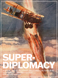 a propeller-based fighter plane flies above the clouds, while just behind a fiery rocket falls to earth. everything is tinged red & orange by the heat.